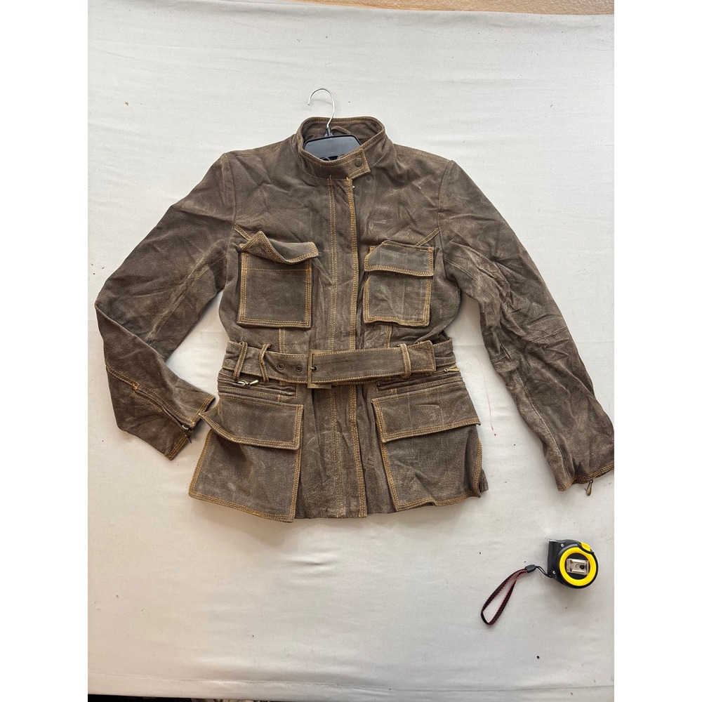 Jennyfer J Brown Leather Safari Field Jacket Belted Utility Contrast Stitch M